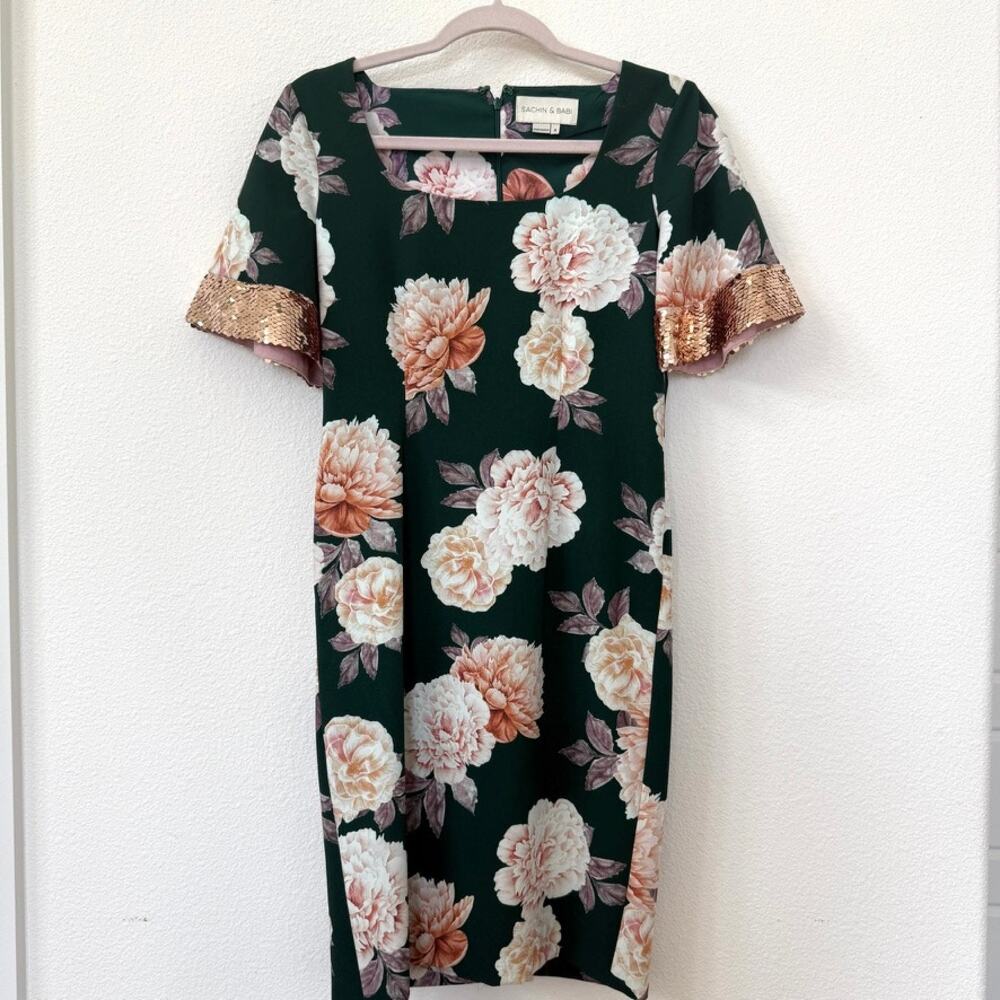 SACHIN & BABI Floral Sequin Sleeve Shift Dress Green Pink Gold 4 Party Glam
